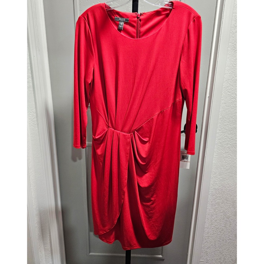 NWT Muse Women's Red Ruched Front Faux Wrap Dress 3/4 Sleeve Lined Jersey Sz 12